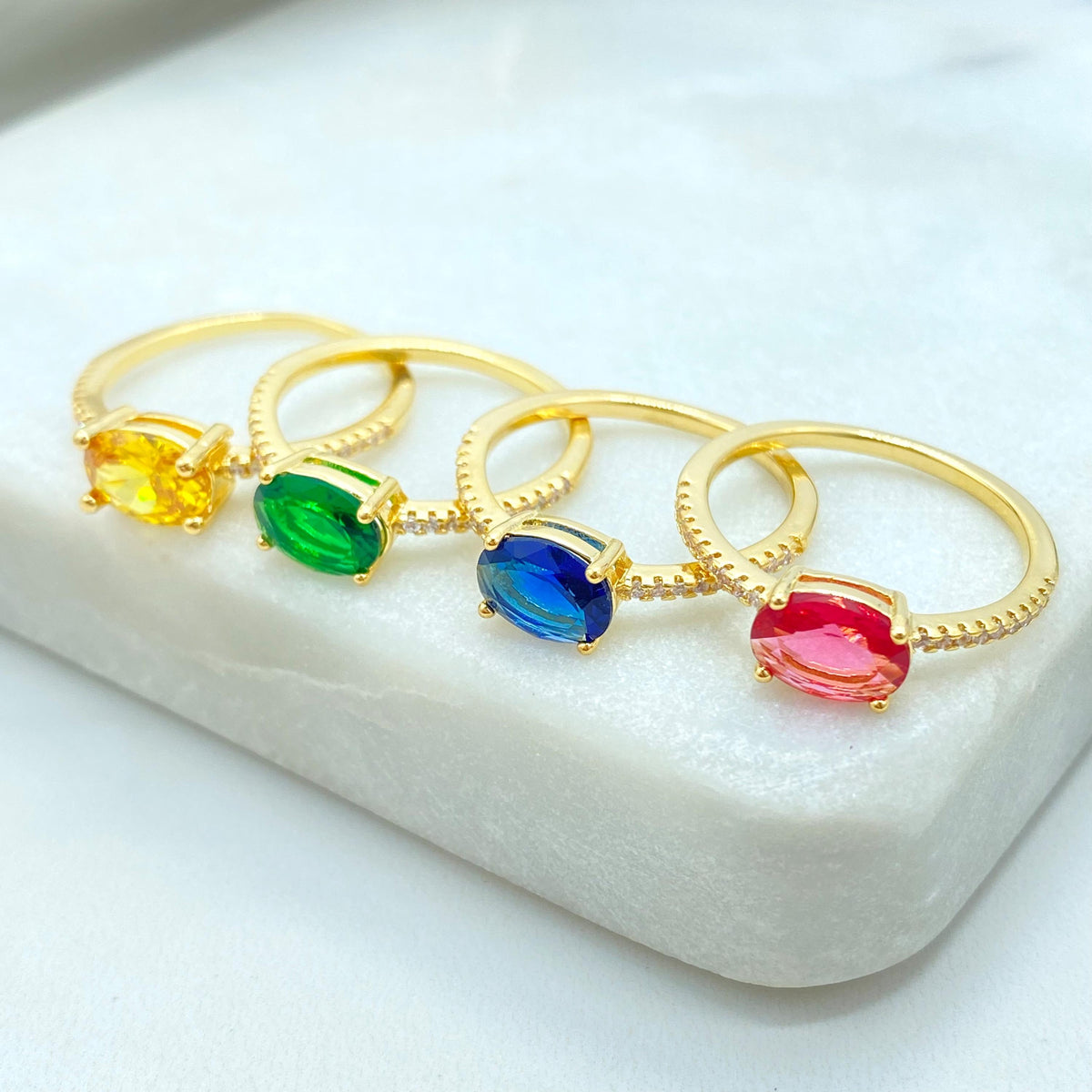 18k Gold Filled Oval Cut Multicolor Solitaire Ring with Micro Cubic Zirconia Band, Accent Engagement Ring for Women, Wholesale Jewelry