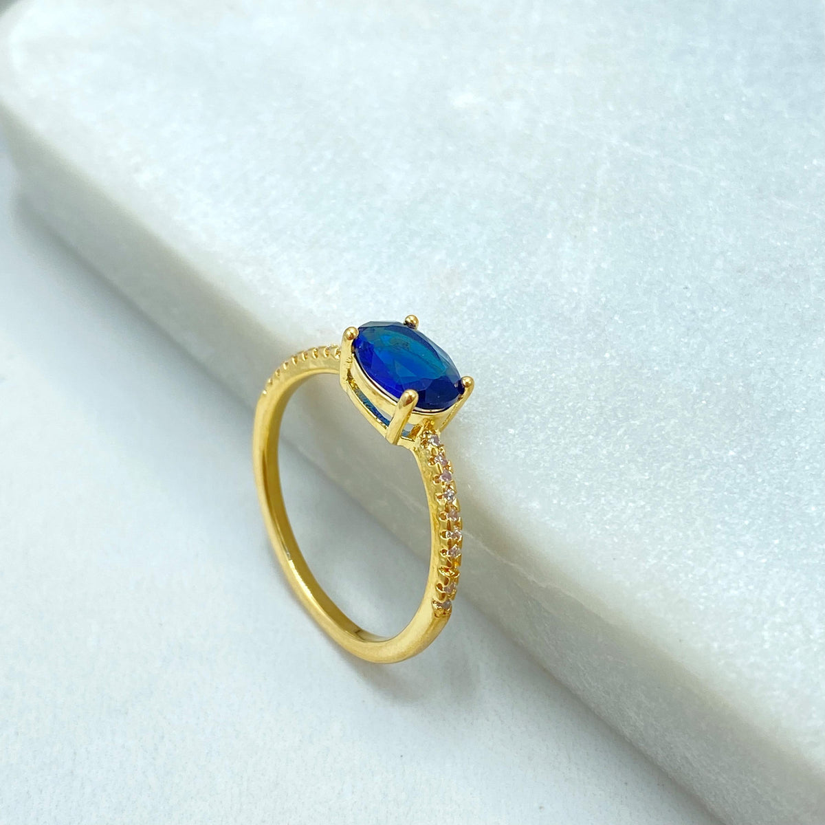 18k Gold Filled Oval Cut Multicolor Solitaire Ring with Micro Cubic Zirconia Band, Accent Engagement Ring for Women, Wholesale Jewelry