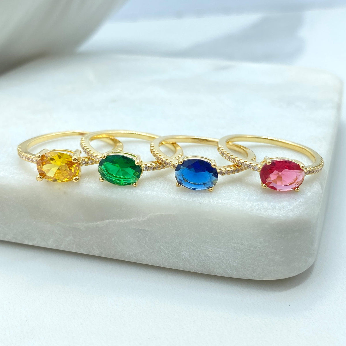 18k Gold Filled Oval Cut Multicolor Solitaire Ring with Micro Cubic Zirconia Band, Accent Engagement Ring for Women, Wholesale Jewelry