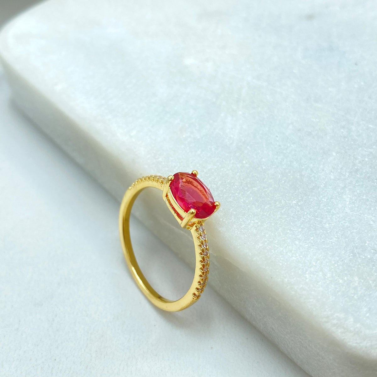 18k Gold Filled Oval Cut Multicolor Solitaire Ring with Micro Cubic Zirconia Band, Accent Engagement Ring for Women, Wholesale Jewelry