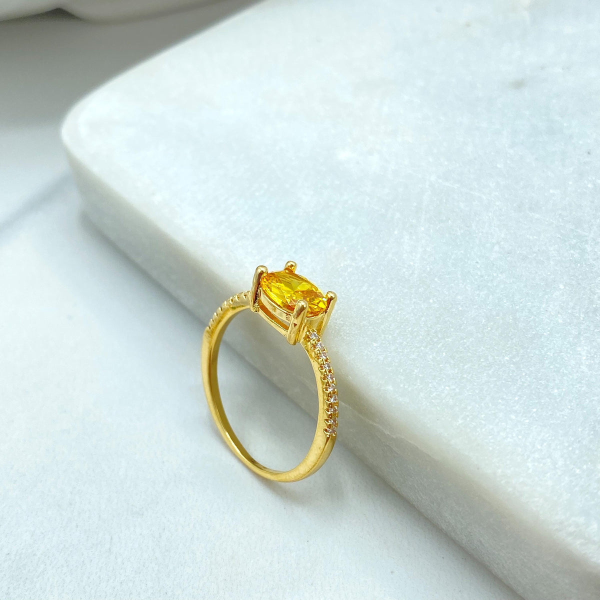 18k Gold Filled Oval Cut Multicolor Solitaire Ring with Micro Cubic Zirconia Band, Accent Engagement Ring for Women, Wholesale Jewelry