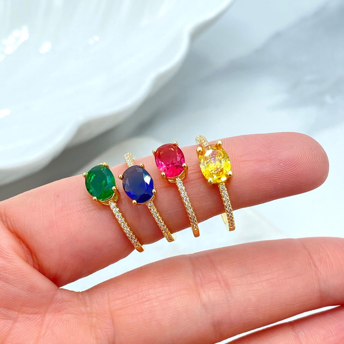 18k Gold Filled Oval Cut Multicolor Solitaire Ring with Micro Cubic Zirconia Band, Accent Engagement Ring for Women, Wholesale Jewelry