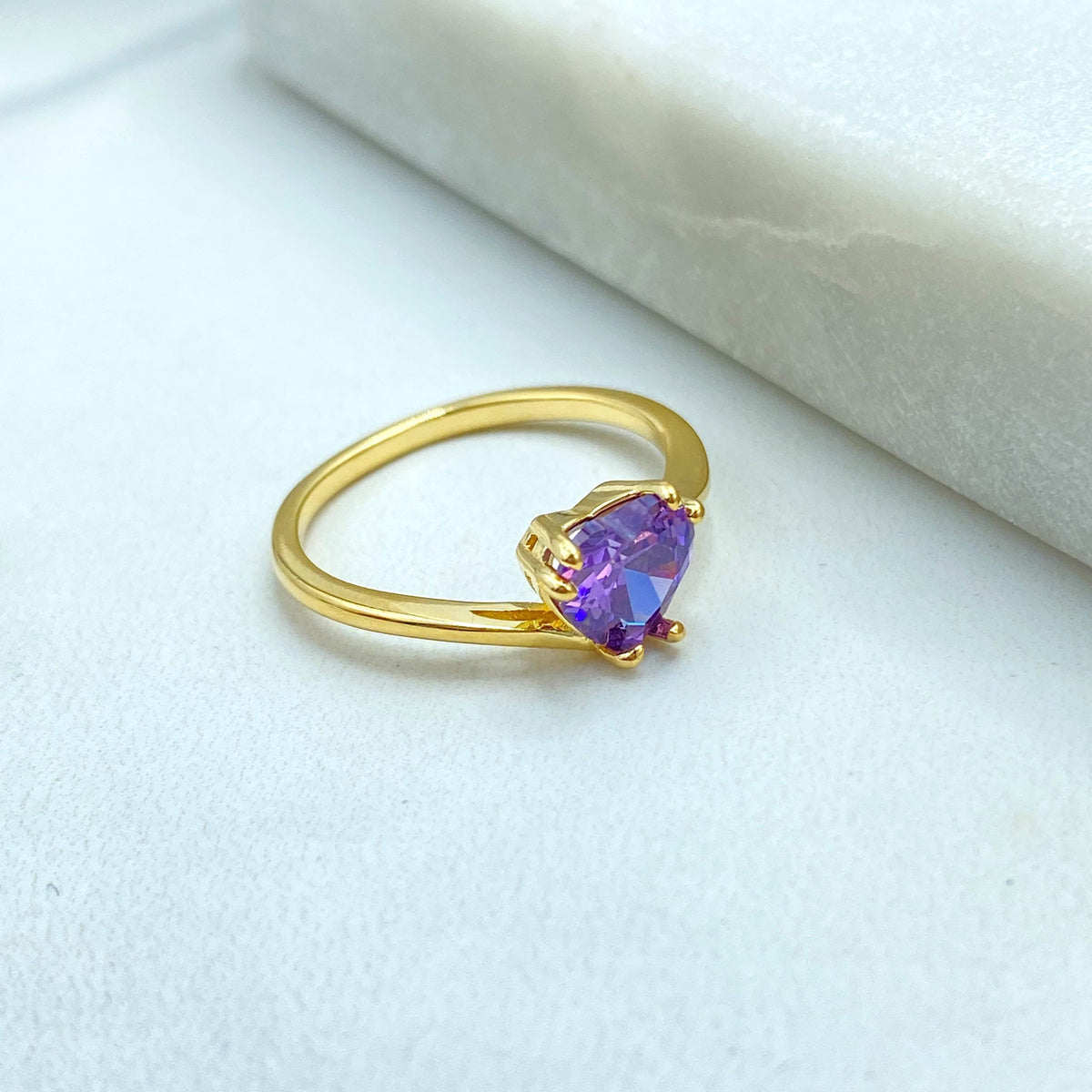 18k Gold Filled Heart Shaped Solitaire Ring, Colorful Statement Ring, Available in Multiple Vibrant Stone Colors, Wholesale Jewelry