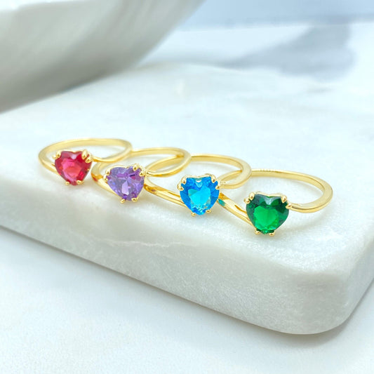18k Gold Filled Heart Shaped Solitaire Ring, Colorful Statement Ring, Available in Multiple Vibrant Stone Colors, Wholesale Jewelry