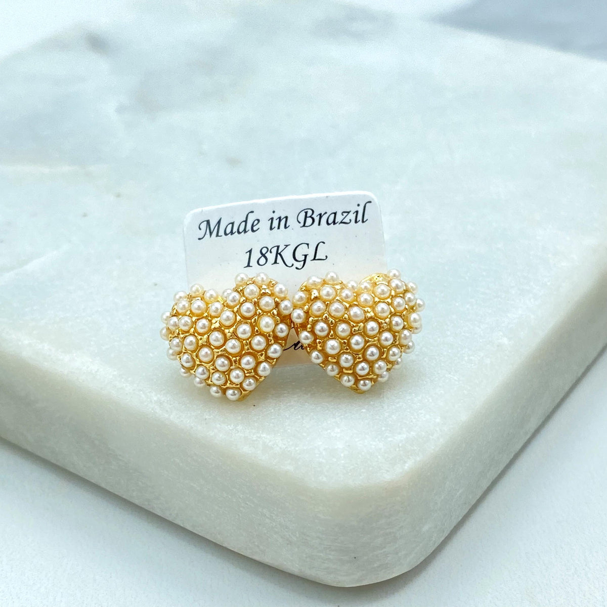 18k Gold Filled Heart Stud Earrings with Mini Simulated Pearls, Heart Stud Design with Mini Pearls, Elegant, Feminine & Perfect for Gifting