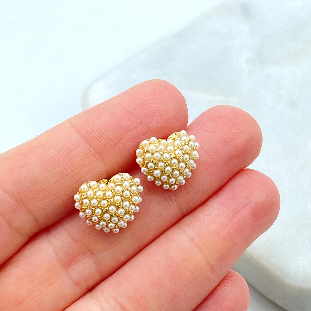 18k Gold Filled Heart Stud Earrings with Mini Simulated Pearls, Heart Stud Design with Mini Pearls, Elegant, Feminine & Perfect for Gifting