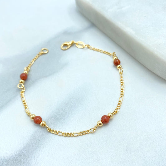 18k Gold Filled Aventurine Linked Bracelet with Figaro Chain, 7.5 Inches Long, Figaro Chain Bracelet with Aventurine, Wholesale Jewelry