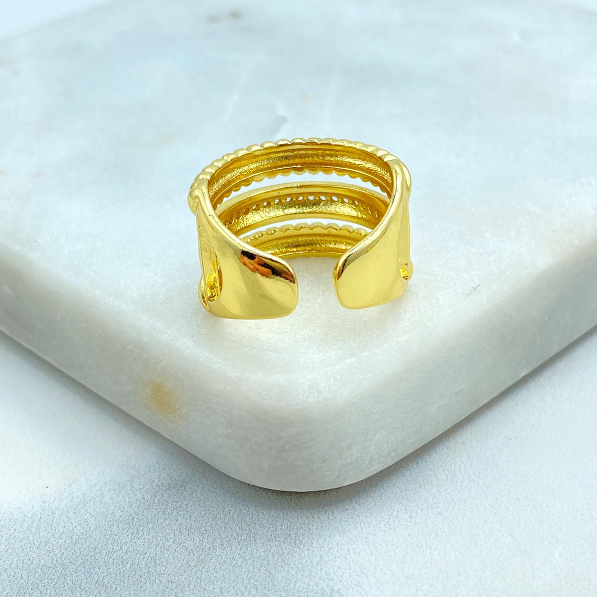 18K Gold Filled Triple Band Adjustable Ring, Rope Detail and CZ Accent, Bold Stack Look in One Ring, Wholesale Jewelry