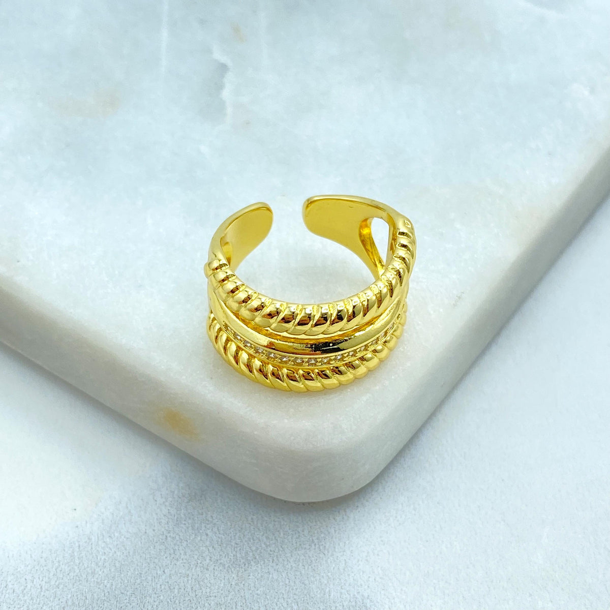 18K Gold Filled Triple Band Adjustable Ring, Rope Detail and CZ Accent, Bold Stack Look in One Ring, Wholesale Jewelry