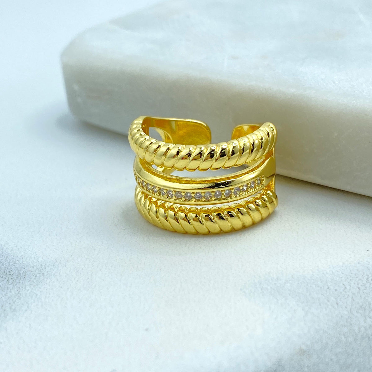 18K Gold Filled Triple Band Adjustable Ring, Rope Detail and CZ Accent, Bold Stack Look in One Ring, Wholesale Jewelry