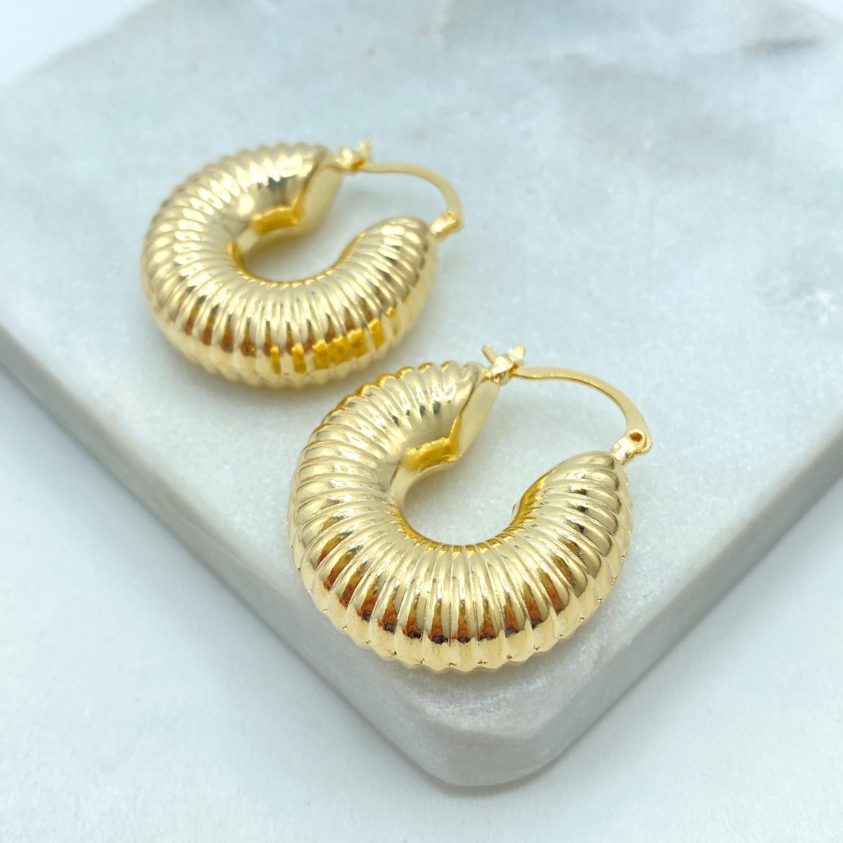 18K Gold Filled Ribbed Chunky Hoop Earrings, Bold Textured Dome Hoops, Retro Statement Earrings, Wholesale Jewelry