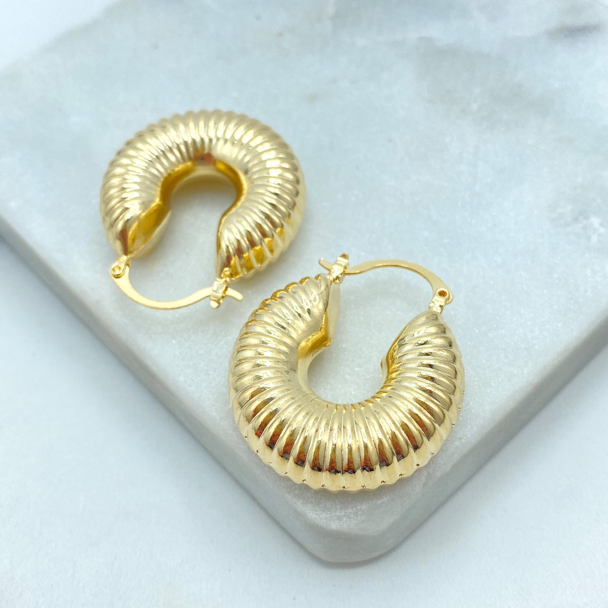 18K Gold Filled Ribbed Chunky Hoop Earrings, Bold Textured Dome Hoops, Retro Statement Earrings, Wholesale Jewelry