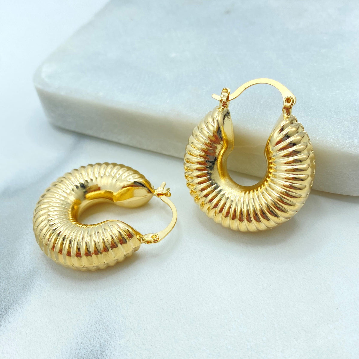 18K Gold Filled Ribbed Chunky Hoop Earrings, Bold Textured Dome Hoops, Retro Statement Earrings, Wholesale Jewelry