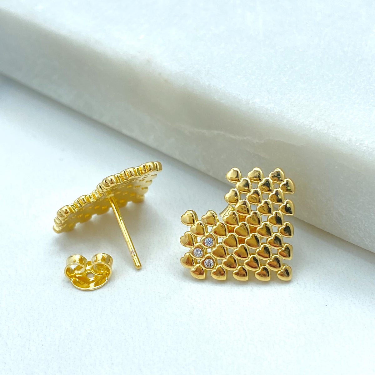 18k Gold Filled Pixel Heart Stud Earrings, Gold Mini Hearts with CZ Accents, Modern Love Earrings, Wholesale Jewelry