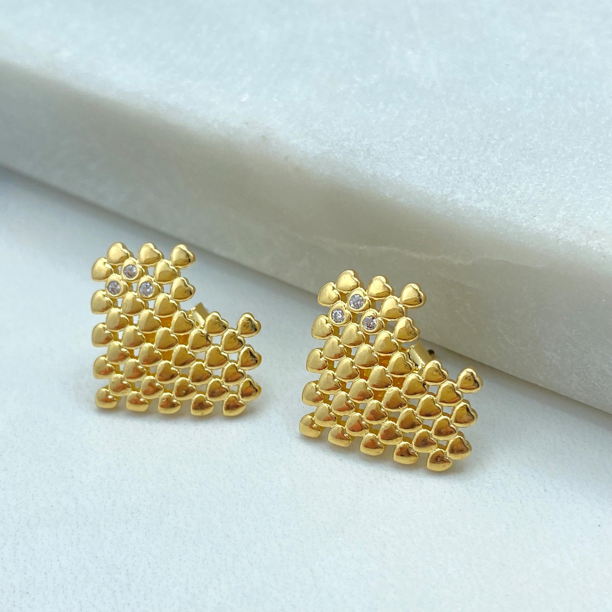 18k Gold Filled Pixel Heart Stud Earrings, Gold Mini Hearts with CZ Accents, Modern Love Earrings, Wholesale Jewelry