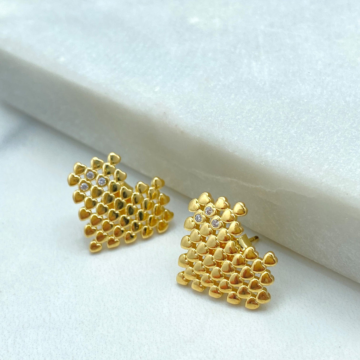 18k Gold Filled Pixel Heart Stud Earrings, Gold Mini Hearts with CZ Accents, Modern Love Earrings, Wholesale Jewelry