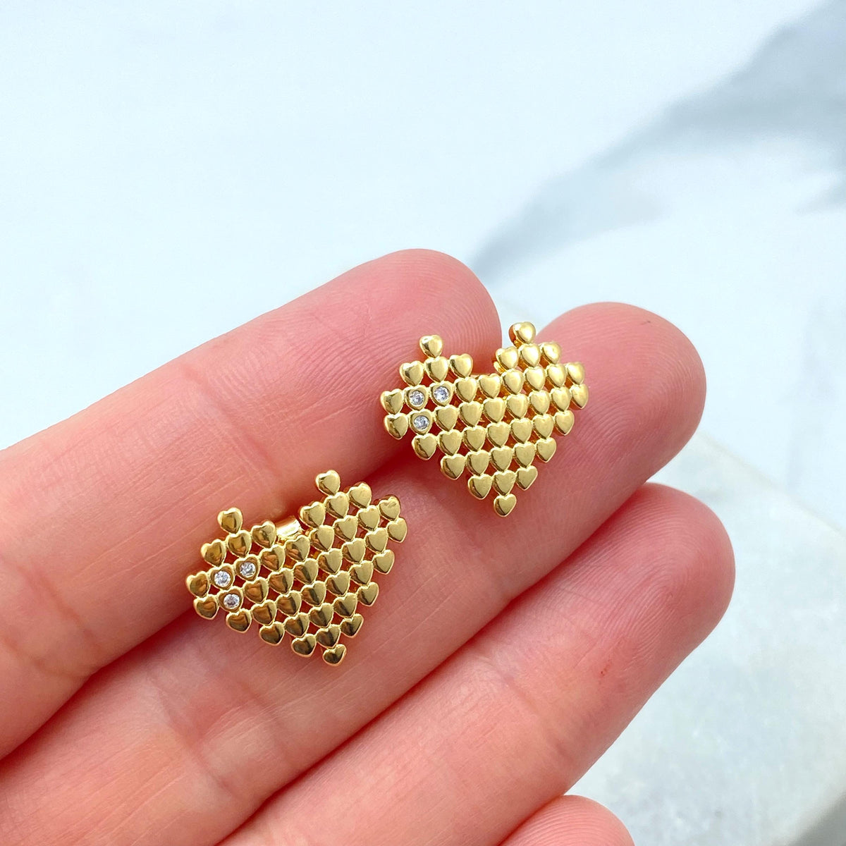 18k Gold Filled Pixel Heart Stud Earrings, Gold Mini Hearts with CZ Accents, Modern Love Earrings, Wholesale Jewelry