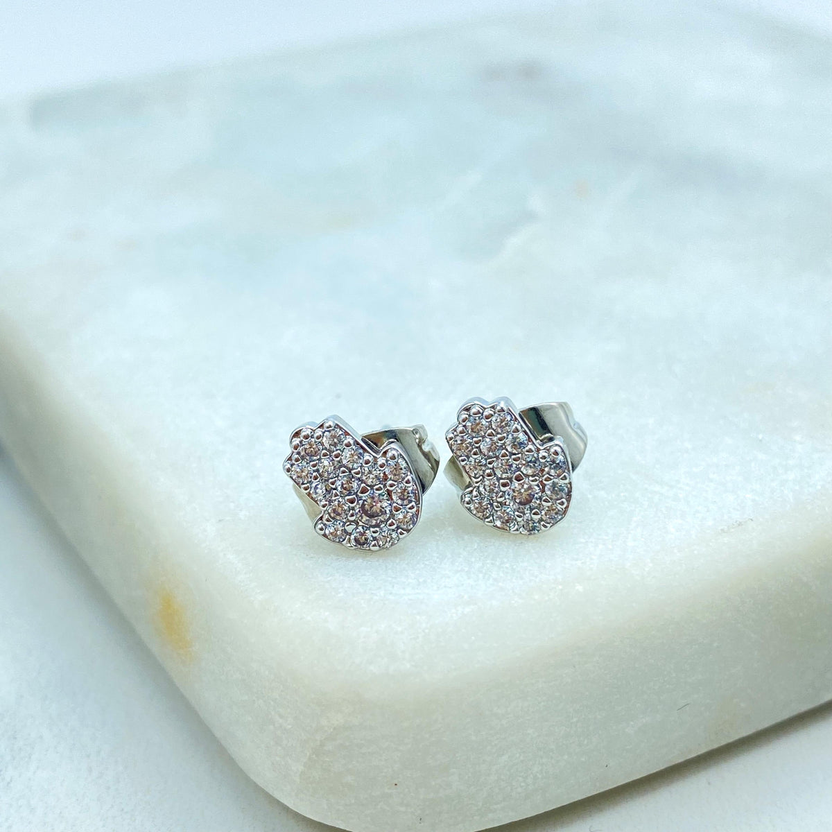 18k Gold Filled or Silver Filled Mini Hamsa Hand Stud with Micro Cubic Zirconia, Pave Hamsa Hand Shape Stud Earrings, Wholesale Jewelry