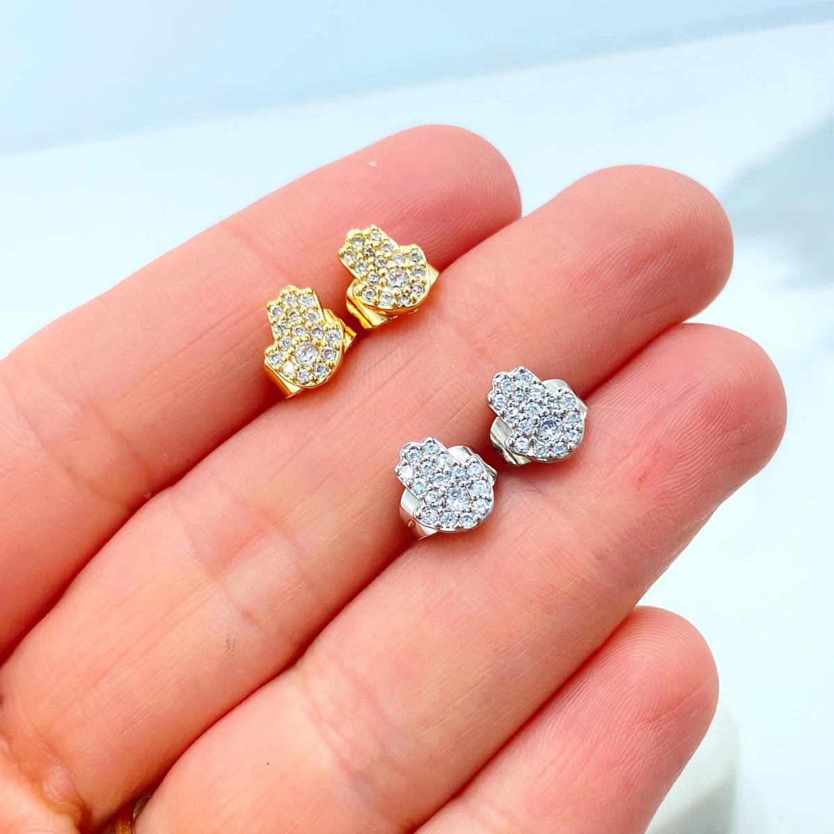 18k Gold Filled or Silver Filled Mini Hamsa Hand Stud with Micro Cubic Zirconia, Pave Hamsa Hand Shape Stud Earrings, Wholesale Jewelry