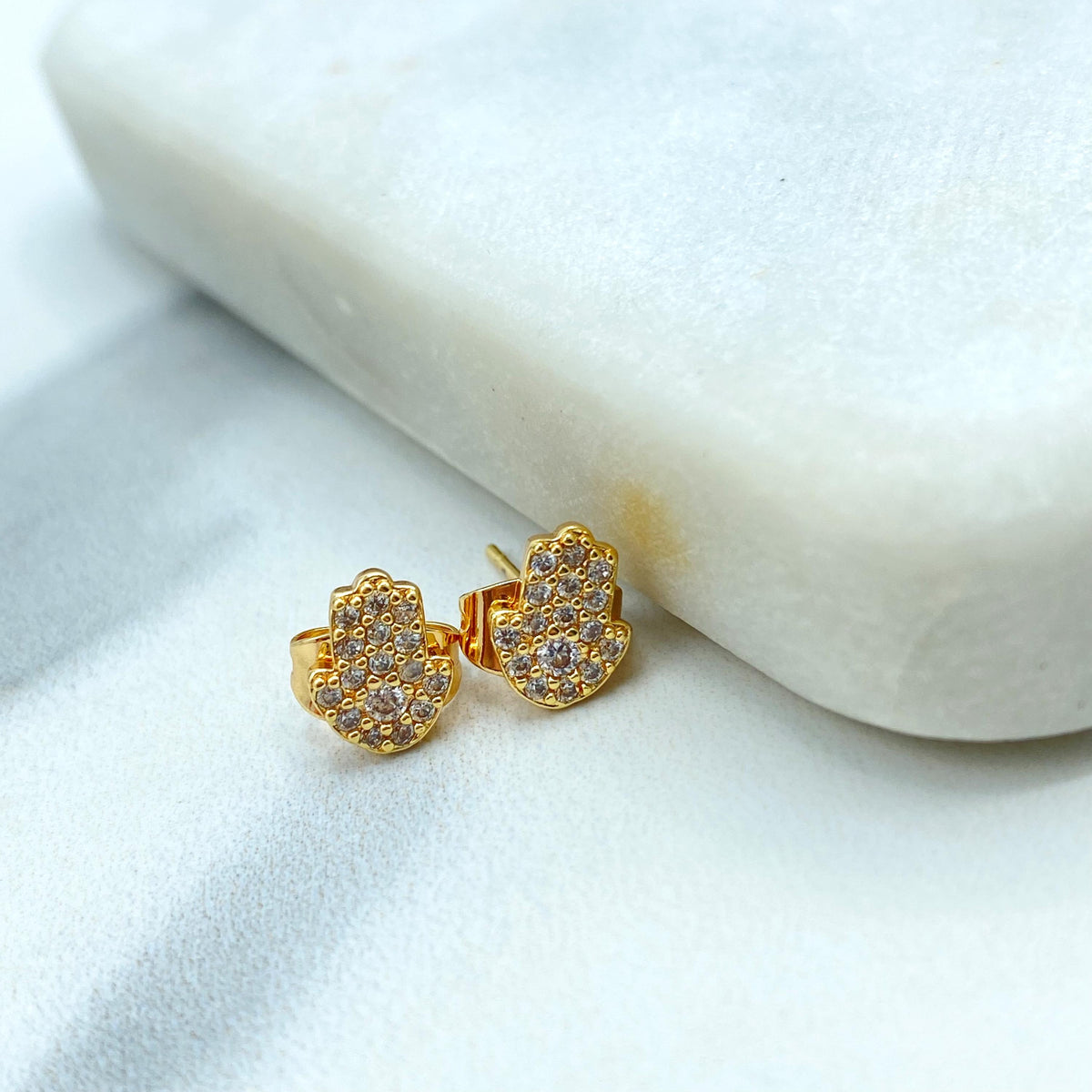 18k Gold Filled or Silver Filled Mini Hamsa Hand Stud with Micro Cubic Zirconia, Pave Hamsa Hand Shape Stud Earrings, Wholesale Jewelry