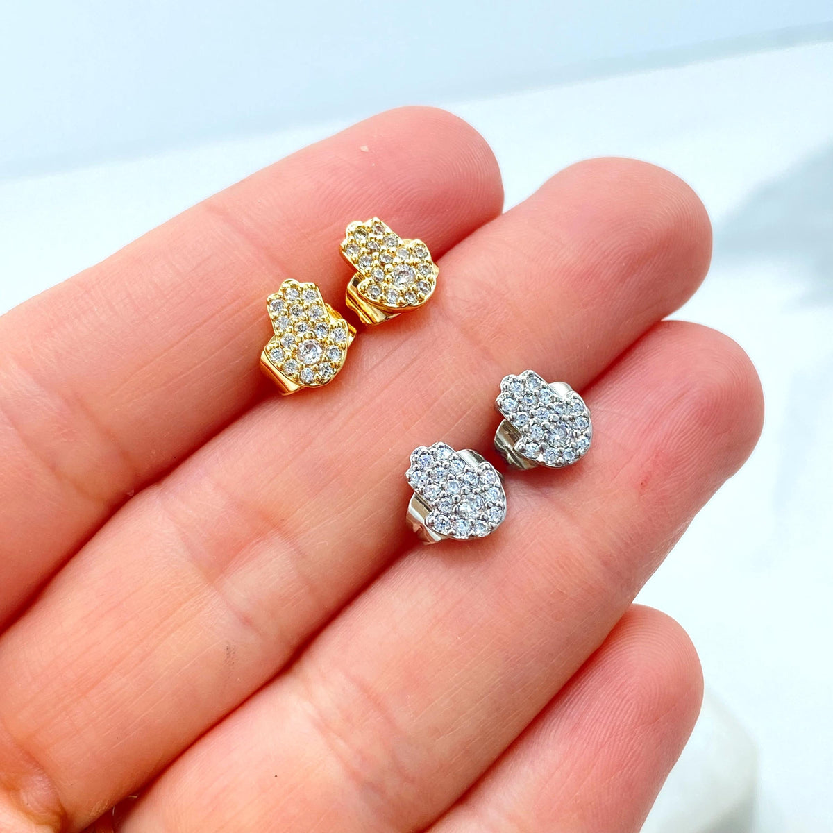 18k Gold Filled or Silver Filled Mini Hamsa Hand Stud with Micro Cubic Zirconia, Pave Hamsa Hand Shape Stud Earrings, Wholesale Jewelry