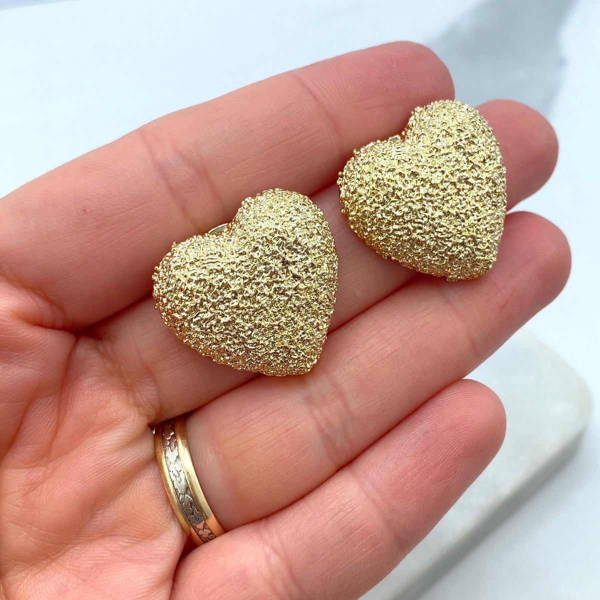 18k Gold Filled Textured Heart Shape Stud Earrings, Heart Stud Earrings, Wholesale Statement Jewelry
