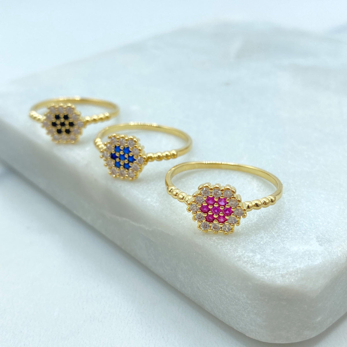 18k Gold Filled Pixel Mosaic Ring with Colored CZ, Hexagon Beaded Band in Pink, Blue, or Black, Flower CZ Ring, Wholesale Jewelry