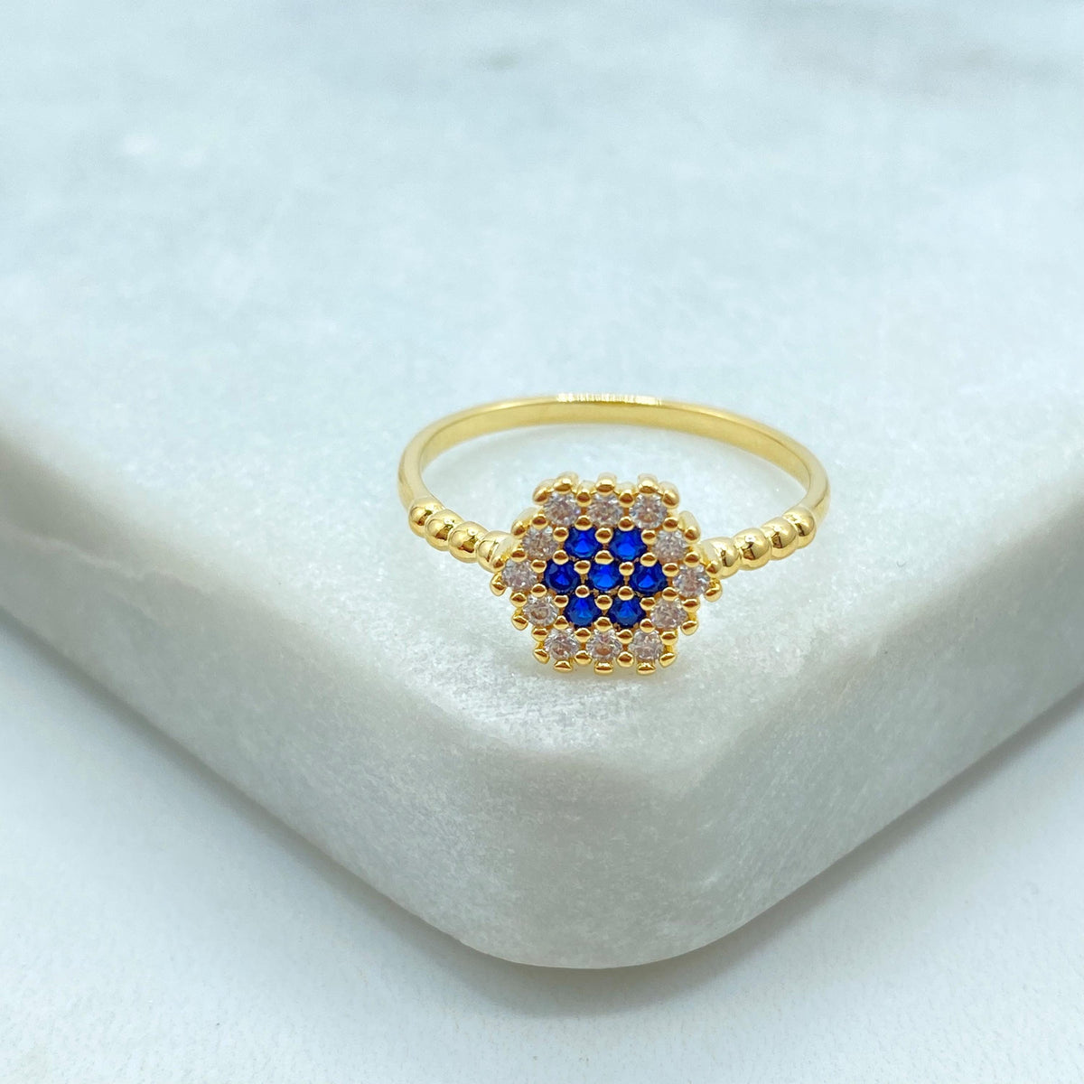 18k Gold Filled Pixel Mosaic Ring with Colored CZ, Hexagon Beaded Band in Pink, Blue, or Black, Flower CZ Ring, Wholesale Jewelry