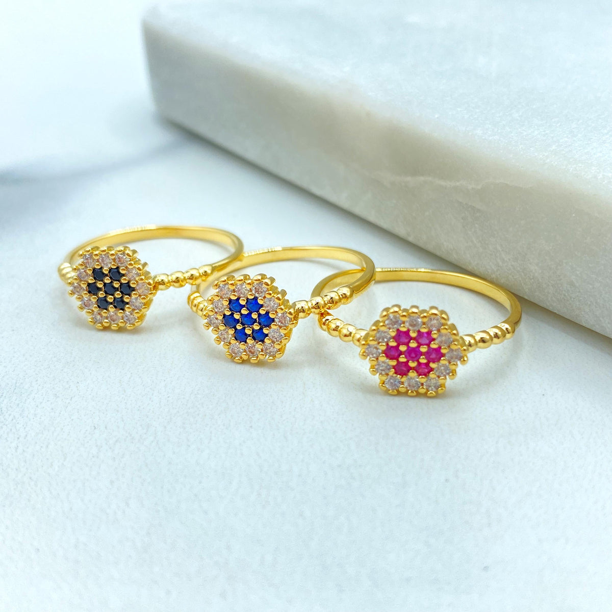 18k Gold Filled Pixel Mosaic Ring with Colored CZ, Hexagon Beaded Band in Pink, Blue, or Black, Flower CZ Ring, Wholesale Jewelry