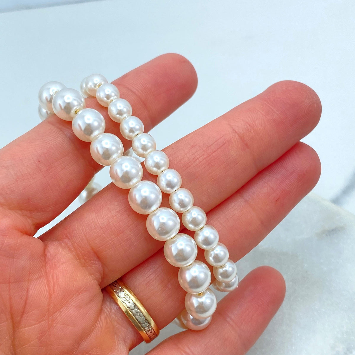 18k Gold Filled Simulated Pearl Adjustable Bracelet, 6mm or 8mm Beads, Beaded Slide Clasp Bracelet, Stackable Design, Wholesale Jewelry