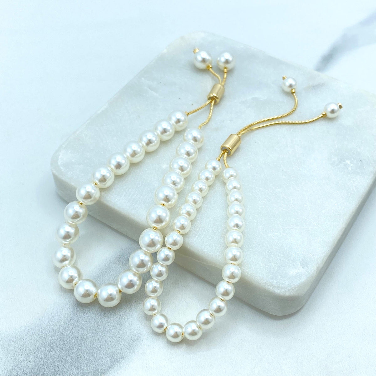 18k Gold Filled Simulated Pearl Adjustable Bracelet, 6mm or 8mm Beads, Beaded Slide Clasp Bracelet, Stackable Design, Wholesale Jewelry