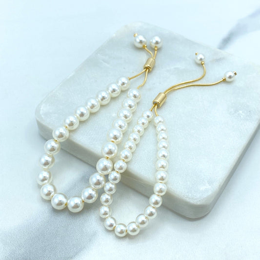 18k Gold Filled Simulated Pearl Adjustable Bracelet, 6mm or 8mm Beads, Beaded Slide Clasp Bracelet, Stackable Design, Wholesale Jewelry