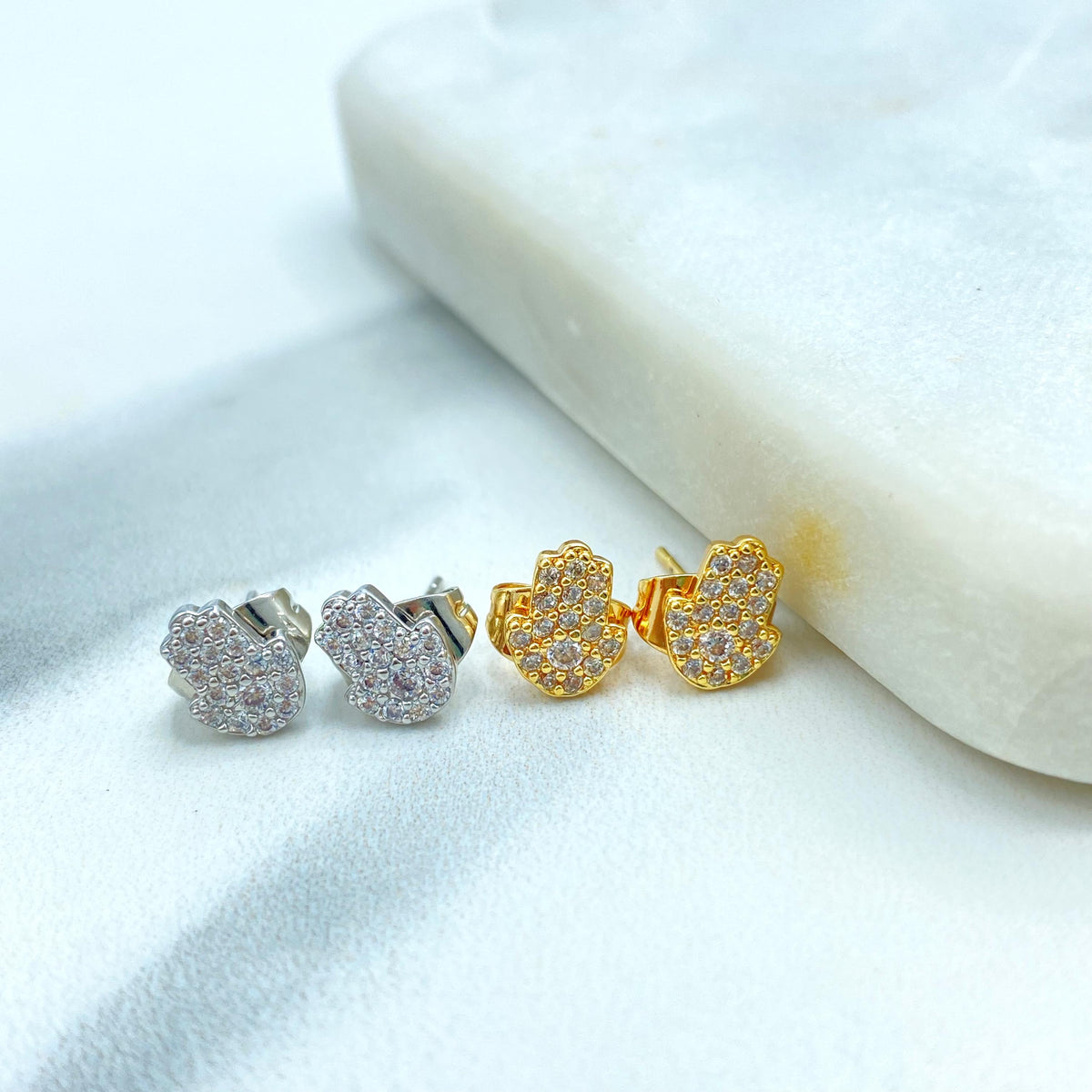 18k Gold Filled or Silver Filled Mini Hamsa Hand Stud with Micro Cubic Zirconia, Pave Hamsa Hand Shape Stud Earrings, Wholesale Jewelry
