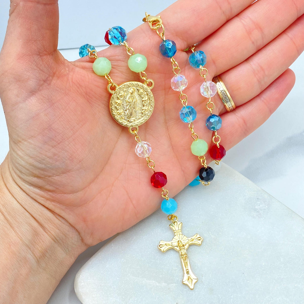 18k Gold Filled Multicolor Beads Rosary with Virgen de Guadalupe Medal, Our Lady of Guadalupe Rosary, "Ruega por Nosotros" Back Medal Rosary