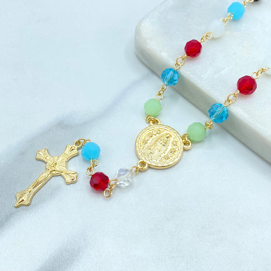 18k Gold Filled Multicolor Beads Rosary with Virgen de Guadalupe Medal, Our Lady of Guadalupe Rosary, "Ruega por Nosotros" Back Medal Rosary
