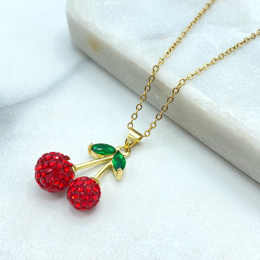 Stainless Steel Cherry Pendant Necklace, Red Crystal Fruit Jewelry, Cute Summer Necklace, Colored Crystal Cherry Necklace, Wholesale Jewelry