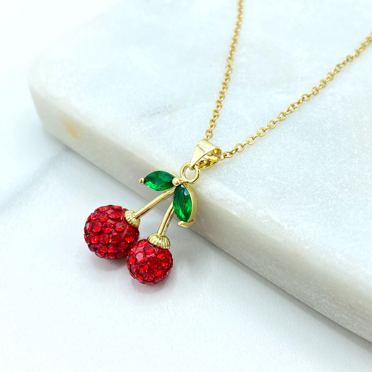 Stainless Steel Cherry Pendant Necklace, Red Crystal Fruit Jewelry, Cute Summer Necklace, Colored Crystal Cherry Necklace, Wholesale Jewelry