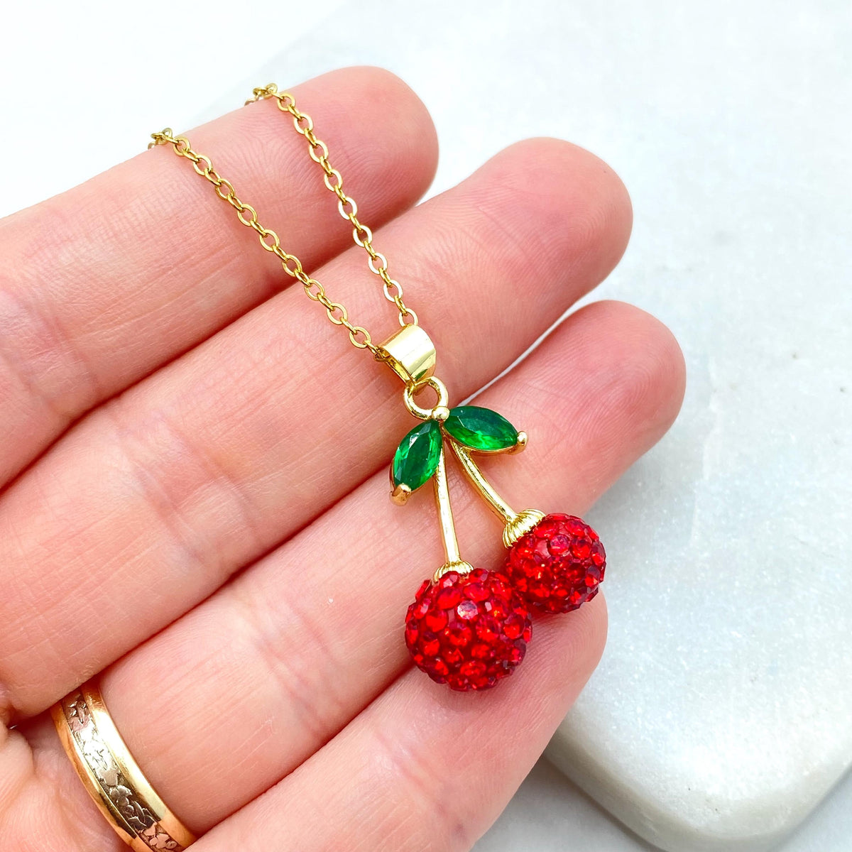 Stainless Steel Cherry Pendant Necklace, Red Crystal Fruit Jewelry, Cute Summer Necklace, Colored Crystal Cherry Necklace, Wholesale Jewelry