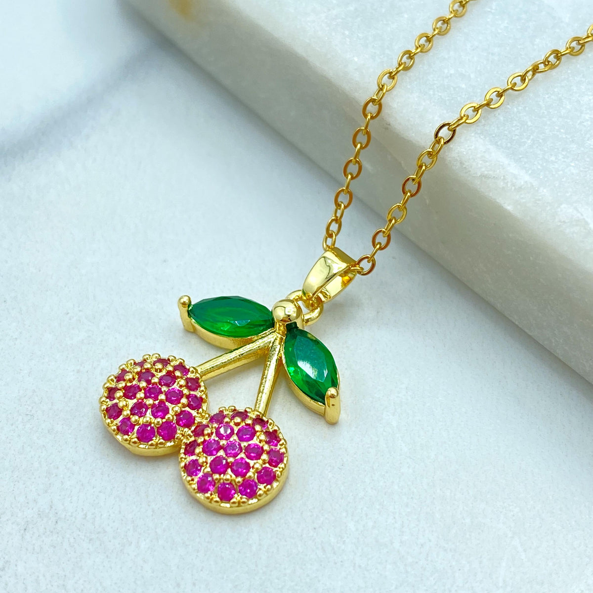 Stainless Steel Cherry Pendant Necklace, Pink CZ Fruit Jewelry, Cute Summer Necklace, Colored CZ Cherry Necklace, Wholesale Jewelry