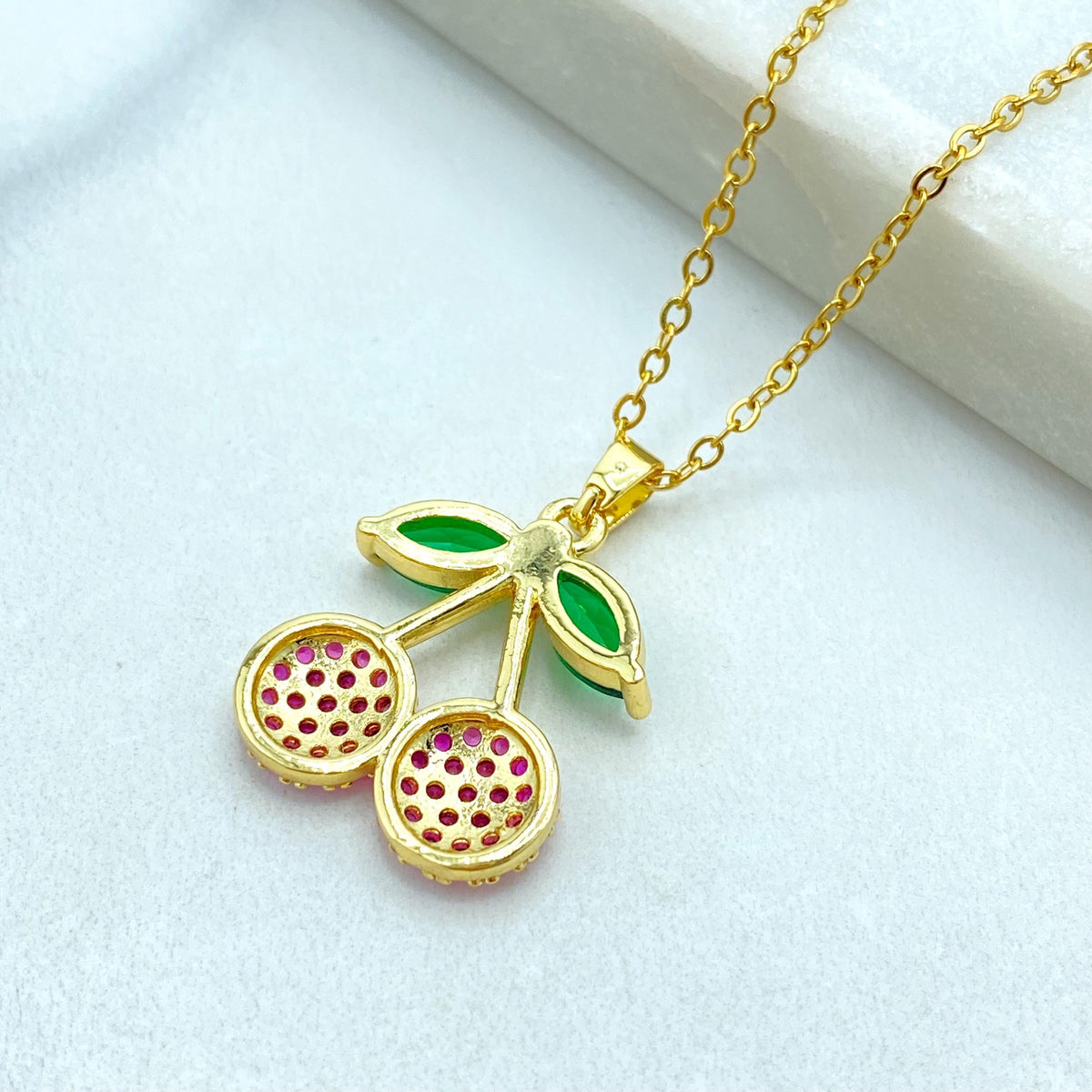 Stainless Steel Cherry Pendant Necklace, Pink CZ Fruit Jewelry, Cute Summer Necklace, Colored CZ Cherry Necklace, Wholesale Jewelry