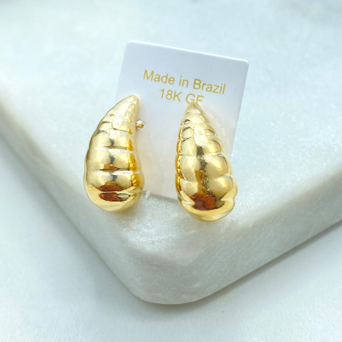 18k Gold Filled Ribbed Teardrop Dome Earrings, Chunky Vintage Drop Shape Earrings, Textured Teardrop Puffed Earrings, Wholesale Jewelry
