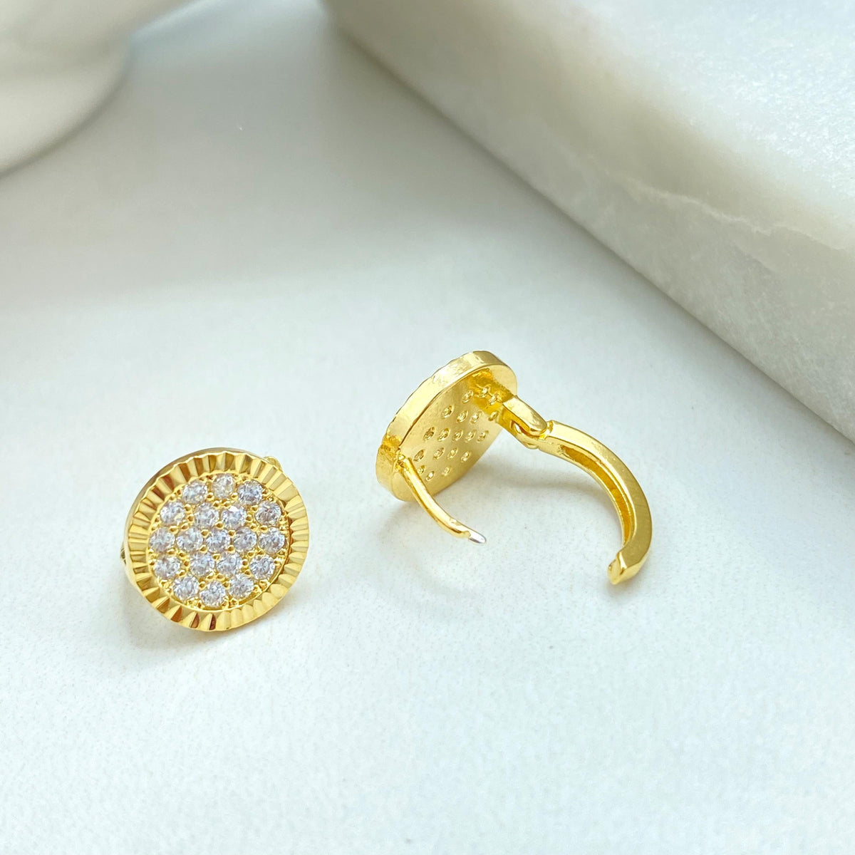 18k Gold Filled Moissanite Earrings, Classic Pave Circle Huggie Earrings, Textured & Micro CZ Round Huggie, Wholesale Jewelry