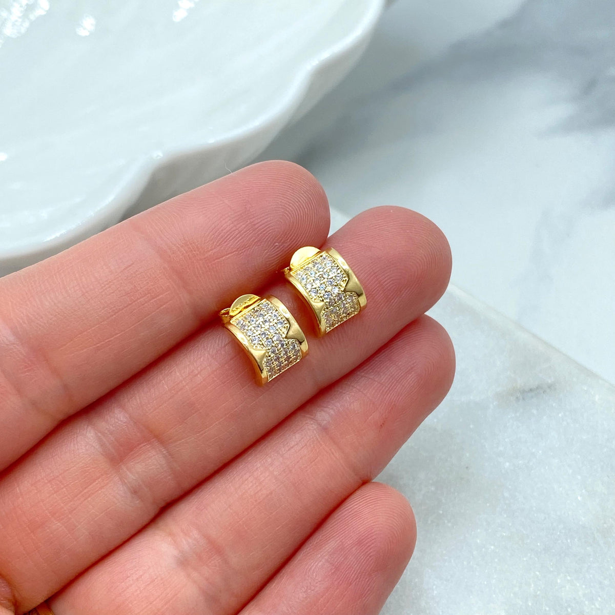 18k Gold Filled Pave Semi Circle Stud Earrings, Micro Pave Classic Stud, H Design Stud, with Micro Cubic Zirconia, Wholesale Jewelry