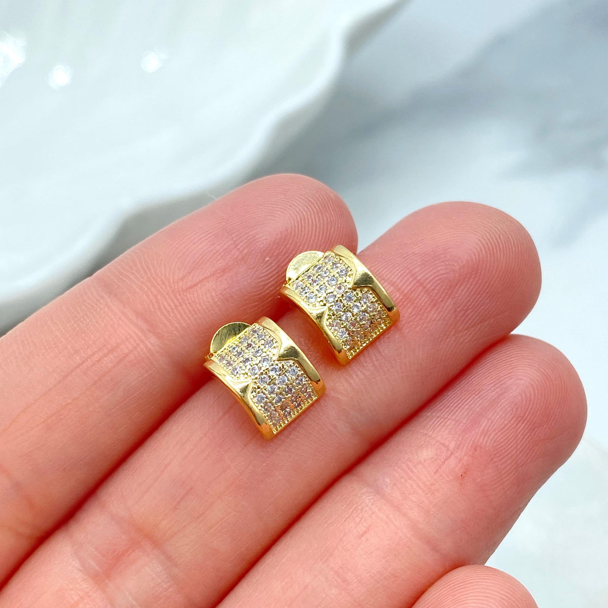 18k Gold Filled Pave Semi Circle Stud Earrings, Micro Pave Classic Stud, H Design Stud, with Micro Cubic Zirconia, Wholesale Jewelry