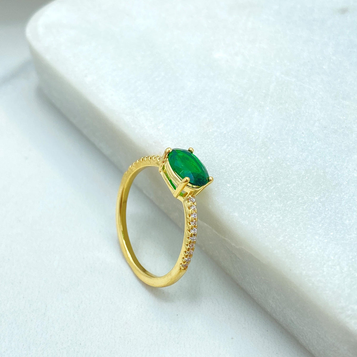 18k Gold Filled Oval Cut Multicolor Solitaire Ring with Micro Cubic Zirconia Band, Accent Engagement Ring for Women, Wholesale Jewelry
