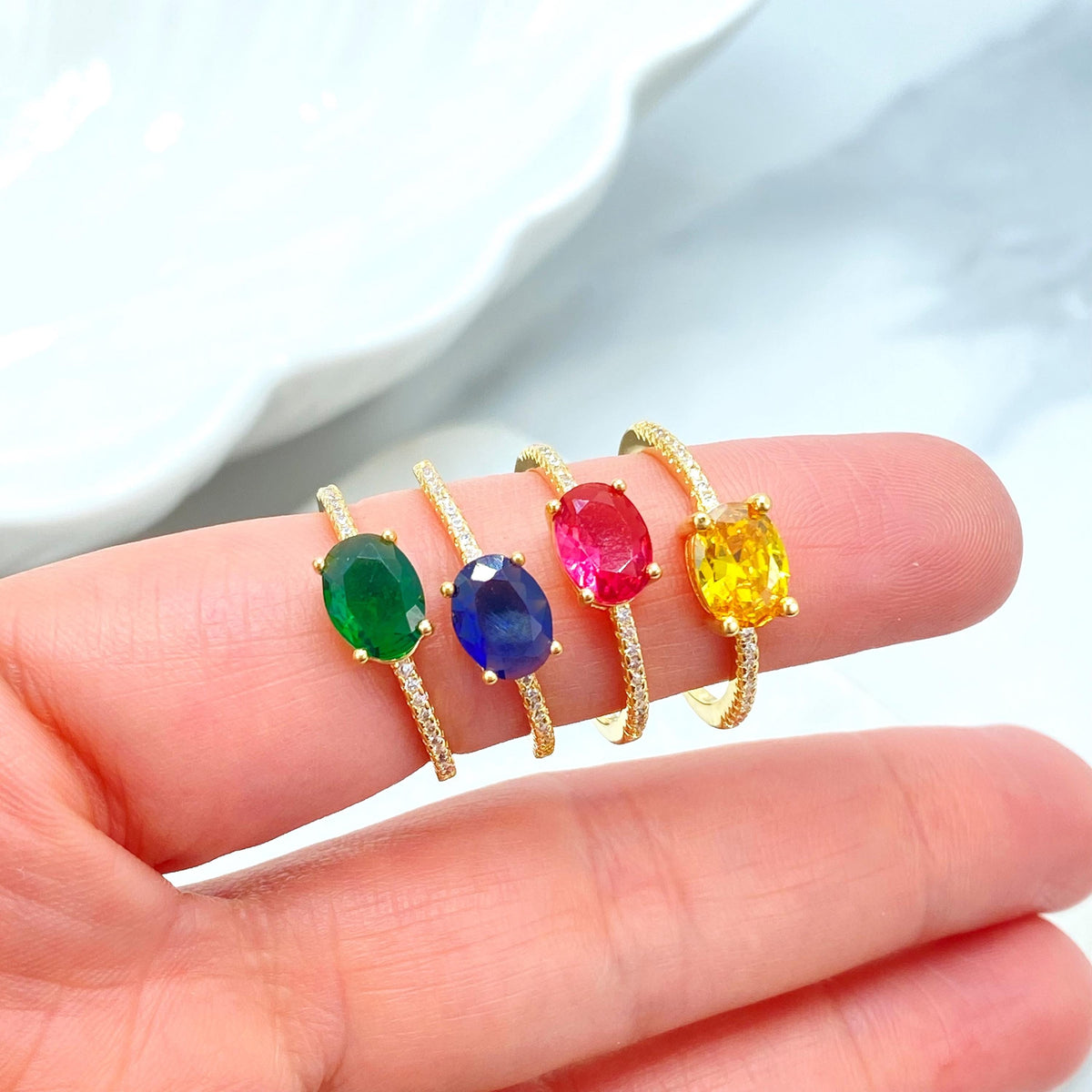18k Gold Filled Oval Cut Multicolor Solitaire Ring with Micro Cubic Zirconia Band, Accent Engagement Ring for Women, Wholesale Jewelry