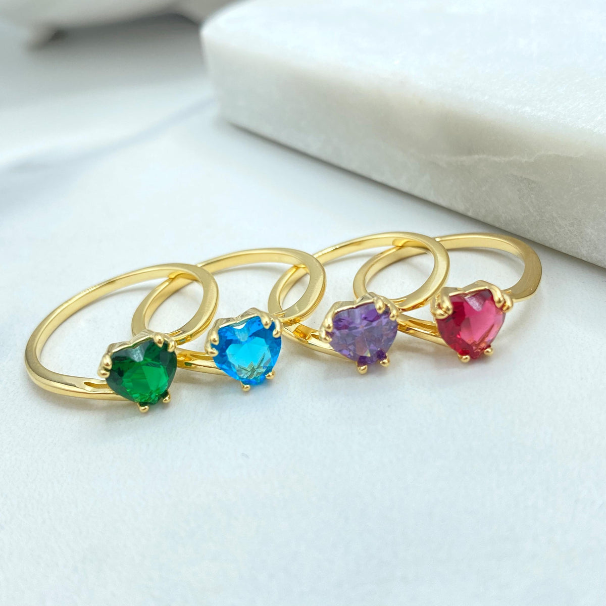 18k Gold Filled Heart Shaped Solitaire Ring, Colorful Statement Ring, Available in Multiple Vibrant Stone Colors, Wholesale Jewelry