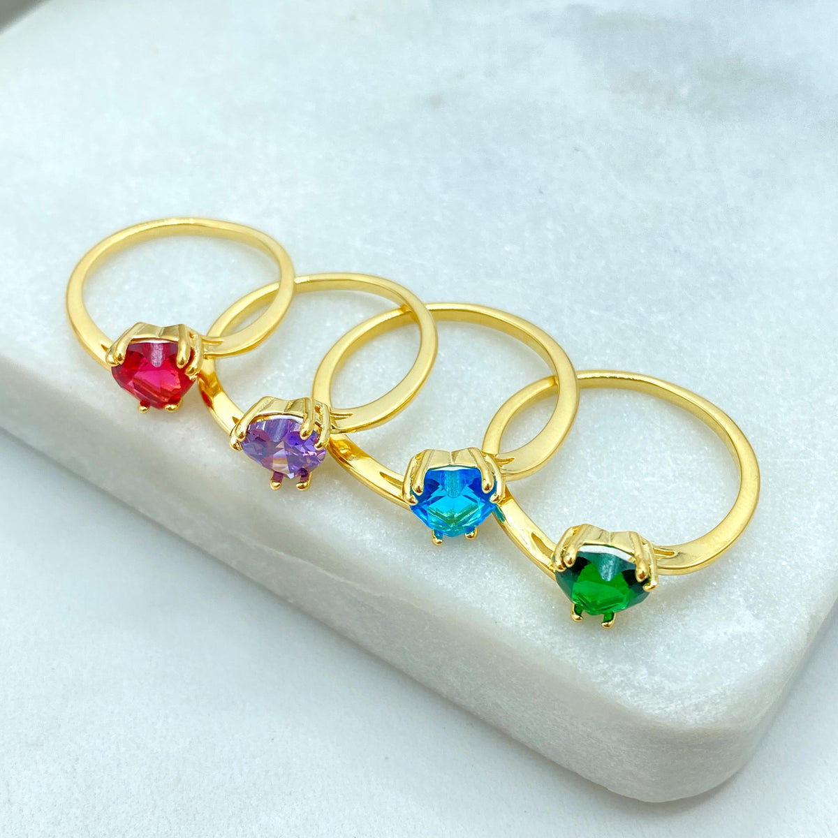 18k Gold Filled Heart Shaped Solitaire Ring, Colorful Statement Ring, Available in Multiple Vibrant Stone Colors, Wholesale Jewelry
