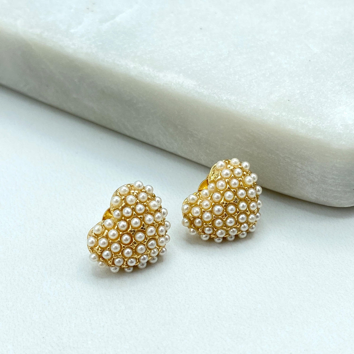18k Gold Filled Heart Stud Earrings with Mini Simulated Pearls, Heart Stud Design with Mini Pearls, Elegant, Feminine & Perfect for Gifting