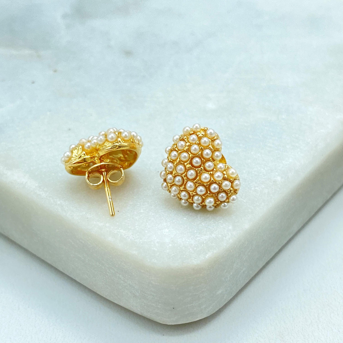 18k Gold Filled Heart Stud Earrings with Mini Simulated Pearls, Heart Stud Design with Mini Pearls, Elegant, Feminine & Perfect for Gifting